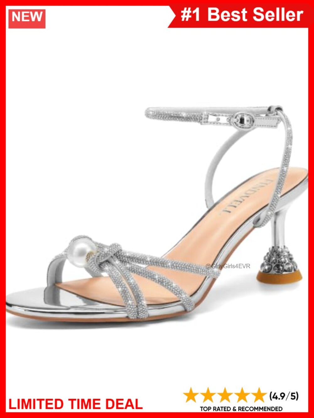Kitten Heel Rhinestone Pearl Knot Strappy Sandals Round Toe Ankle Strap